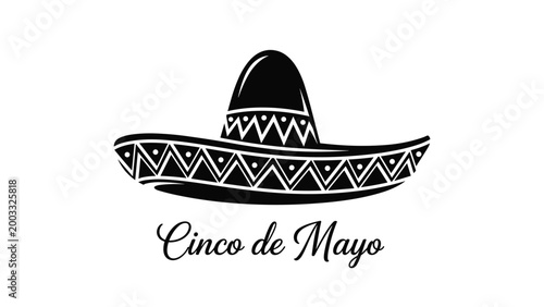 Stylized black and white silhouette of a traditional mexican sombrero hat above the cursive text Cinco de Mayo.