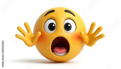 3D emoji face with wide eyes, raised hands, and open mouth symbolizing surprise and astonishment
