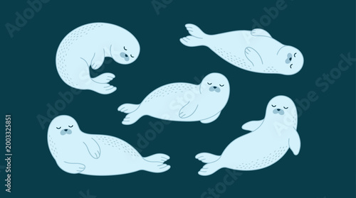 Stylized pastel blue seals illustration on teal background, cute marine mammal art for kids’ rooms, posters, nursery decor.