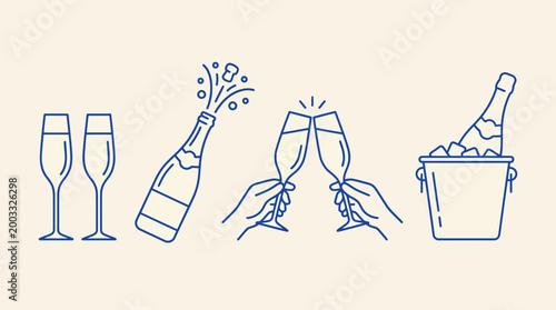 Elegant celebration scene with champagne bottle, clinking glasses, ice bucket, and bubbling sparkling wine ready for a toast.