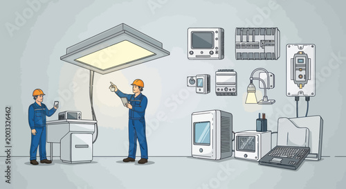 Electrical engineers inspecting industrial lighting and electronic equipment illustration