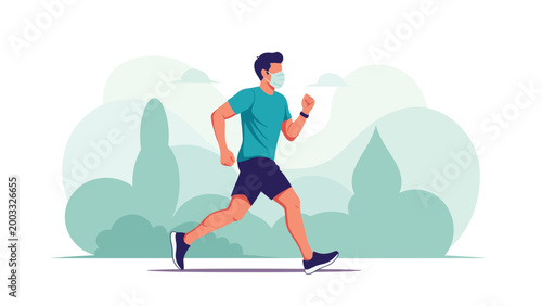 Active man wearing a protective face mask while jogging through a green park during a sunny day for health and fitness.