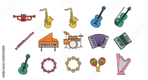 Musical instruments collection on white