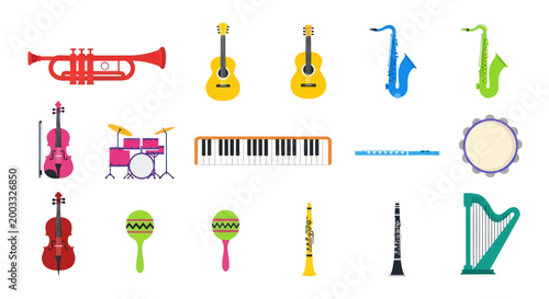 Musical instruments collection on white