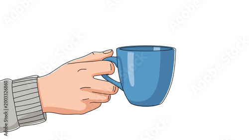 Hand holding a blue ceramic coffee or tea mug shown as a clean line art illustration with flat colors for a daily break.
