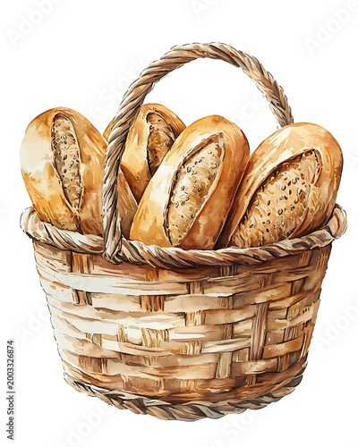 Rustic Bread Basket: An inviting watercolor illustration captures a rustic basket brimming with fresh, golden-brown bread. The artwork evokes a sense of warmth and traditional culinary delight.