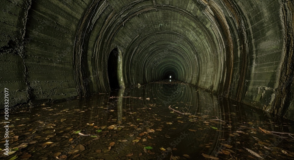 Naklejka premium Abandoned sewer tunnel with water and fallen leaves