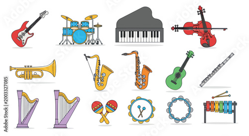 Musical instruments collection on white background