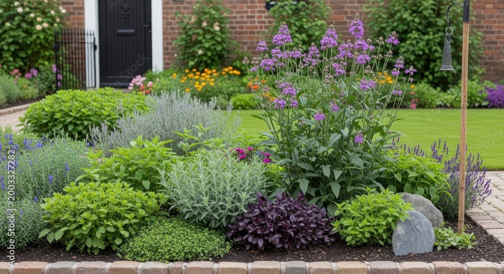 Fototapeta premium Colorful flower garden with lush greenery and decorative stones