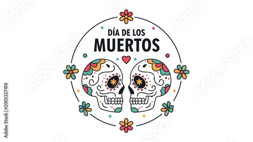 Colorful sugar skulls with floral patterns for Day of the Dead celebration isolated on a white background in a circle.
