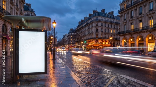 Billboard Bus Shelter In Paris City at Night Mockup