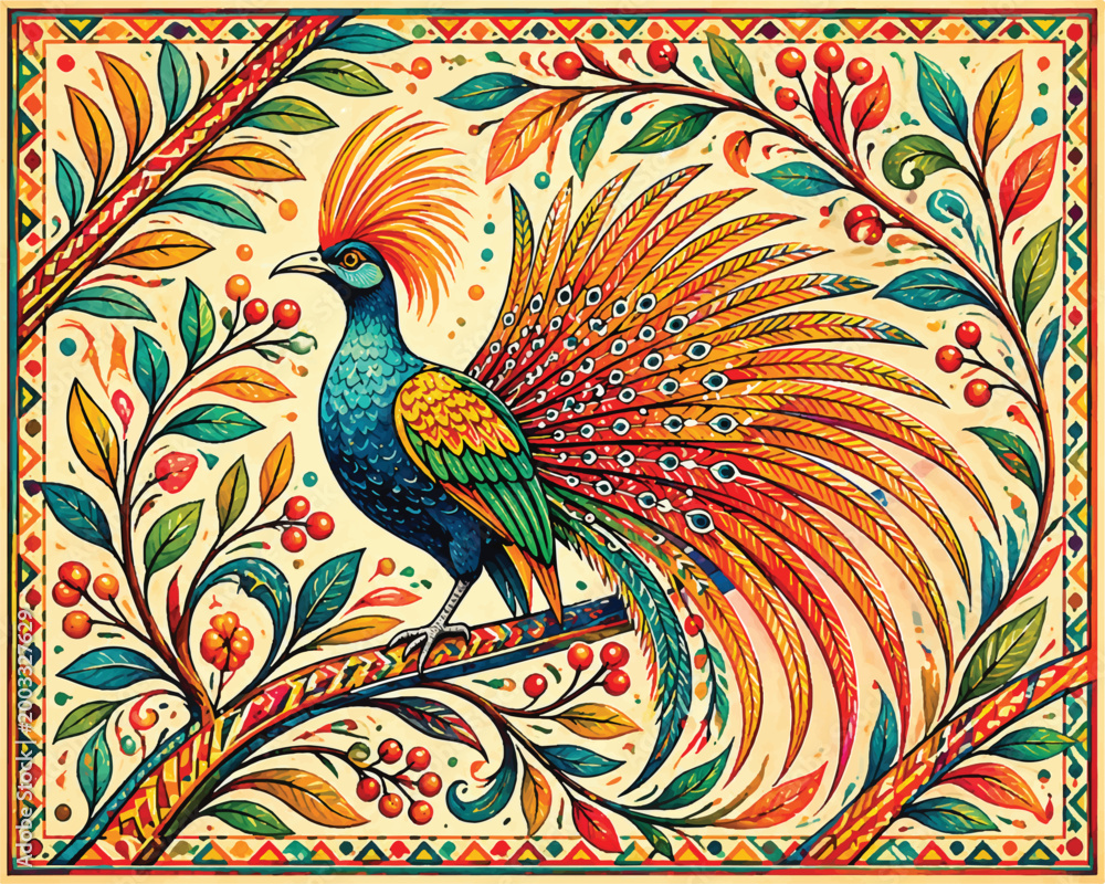 Fototapeta premium Eye-catching ornamental folk-art illustration featuring an exotic paradise bird with vivid patterned plumage, reimagined branching motifs, floral accents, and a bold high-saturation heritage-inspired 