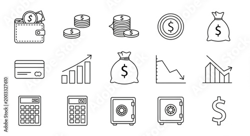 Financial Icons Set Hand Drawn Sketch Style.