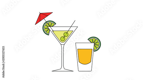 Refreshful summer cocktails including a lime martini and a tequila shot isolated on a minimalist white background.