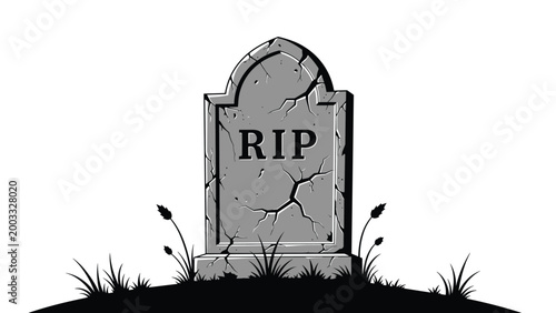 Grey stone grave marker with cracks and RIP inscription on a grassy hill over a white background for Halloween decoration.