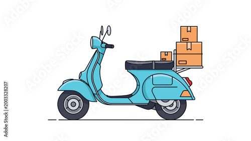 Blue motor scooter equipped for delivery service with cardboard boxes on the rear rack on a plain white background.