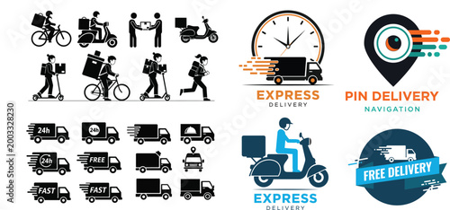 Delivery service icons and silhouettes fast shipping and logistics solutions
