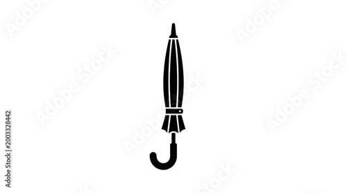 A closed black umbrella with a curved handle is depicted in a simple, flat vector illustration on a white background