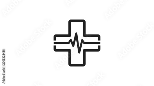 Minimalist Health and Medical Cross Icon with Heartbeat Line Graphic for Healthcare Services and Wellness Concepts