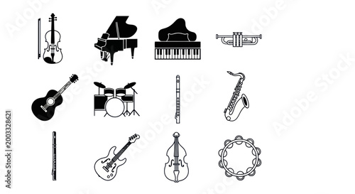 Musical instruments silhouettes on white