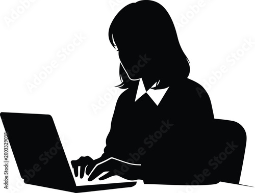 Woman Silhouette Working on Laptop Computer Vector Illustration for Business and Education