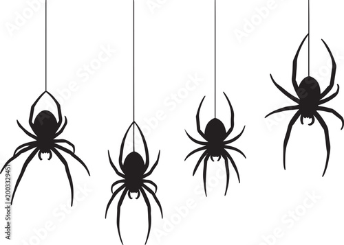 Hanging Spider Silhouette Halloween Vector Illustration Set