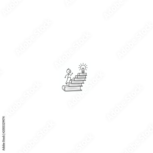 Stick figure climbing staircase of books towards a glowing light bulb idea concept