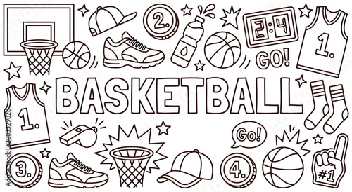 Collection of hand drawn basketball icons featuring athletic equipment sneakers uniform jerseys whistle and scoreboard elements ideal for school sports theme children coloring book page design.