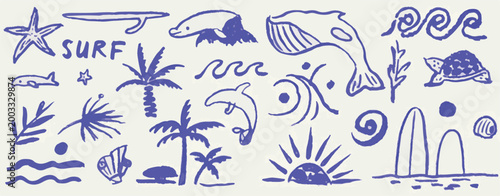 Hand Drawn Ocean and Surf Elements Collection Keywords: surf, ocean, sea, waves, beach, summer