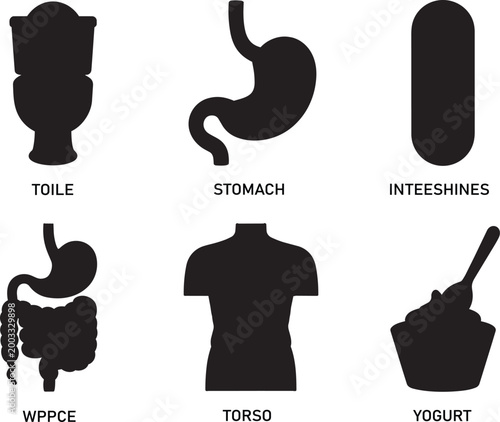 Black and white medical icons illustrating human torso stomach intestines yogurt toilet and wppce on plain background