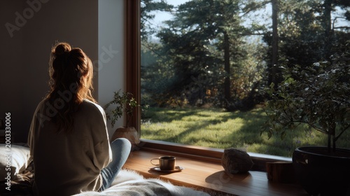 Contemplation and Serenity: A woman gazes out of a window, looking at the outdoor world, a moment of peaceful contemplation amidst a natural setting.