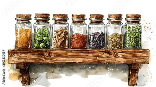 Aromatic Collection: A captivating watercolor illustration showcases a collection of glass jars filled with aromatic spices, arranged meticulously on a rustic wooden shelf.