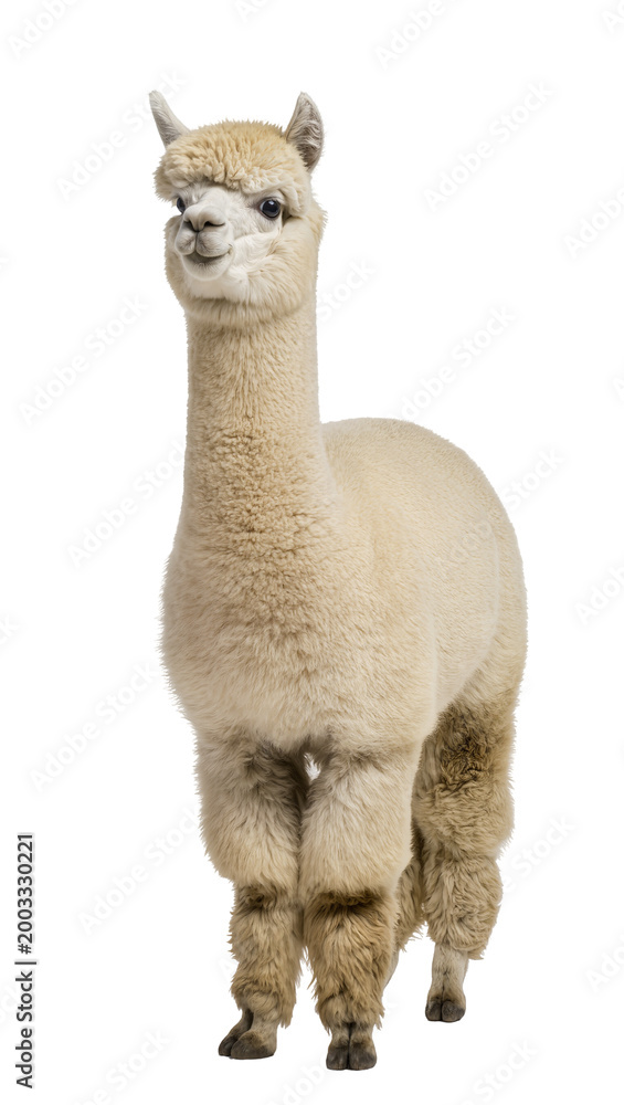 Obraz premium Isolated fluffy cream alpaca standing full length looking at camera with gentle expression