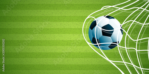 Soccer ball hitting the net and scoring a goal. Background for posters, social media, sports advertisements, football-related content, and tournament campaigns.