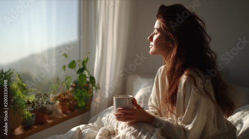 Morning contemplation: A woman finds peace and clarity with a warm drink, as she gazes towards the serene, sun-kissed world through her window.