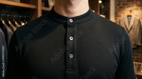 Close-up of a premium black Henley shirt with metallic buttons. High-resolution texture detail of ribbed cotton fabric and collar constructio