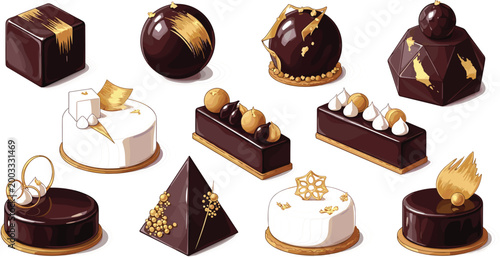 Luxury Chocolate Dessert Icon Set with Gold Decorated Cakes, Pralines, Truffles, and Petit Fours for Elegant Bakery, Patisserie, and Confectionery Concept DesignsLuxury Chocolate Dessert Icon Set 