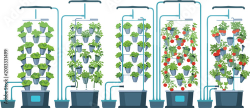 Modern Vertical Hydroponic Garden Tower System with Fresh Green Plants and Strawberries for Agriculture, Farming, and Urban Gardening DesignModern Vertical Hydroponic Garden Tower System with 