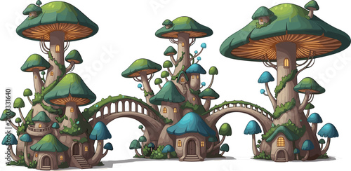 
Fantasy Mushroom Village Scene with Fairy Tale Gnome Houses, Bridges, and Enchanted Forest Toadstool Architecture Illustration
Fantasy Mushroom Village Scene with Fairy Tale Gnome Houses, 