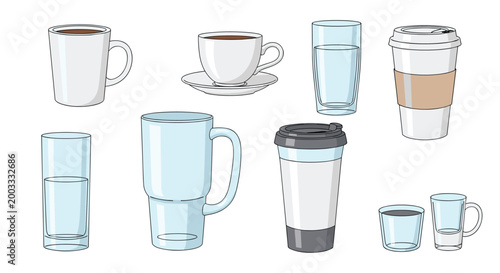 Diverse collection of drinking vessels including white ceramic mugs, clear glasses of water, and disposable coffee to go cups.