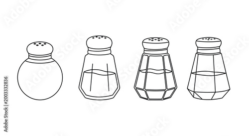 Set of four different salt and pepper shaker designs shown as black and white line art drawings for kitchen or dining themes.