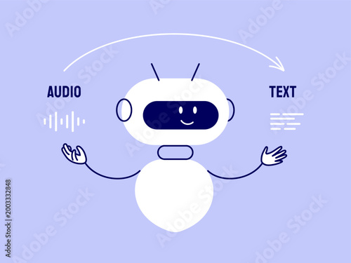 Ai robot helps convert audio to text. Artificial intelligence transcribe service, automatic online conversion voice message, speech transcription. Vector illustration of ai audio to text converter