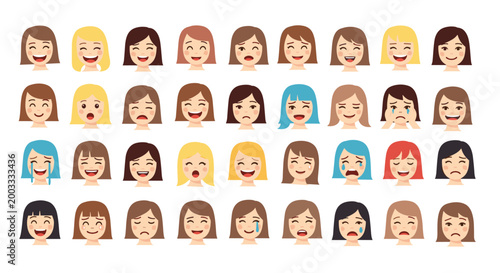 Extensive collection of female emoji style faces expressing a wide range of emotions with diverse hairstyles and colors on white.