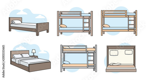 Collection of different bed designs featuring single frames, classic bunk beds with ladders, and space-saving wall bed options.