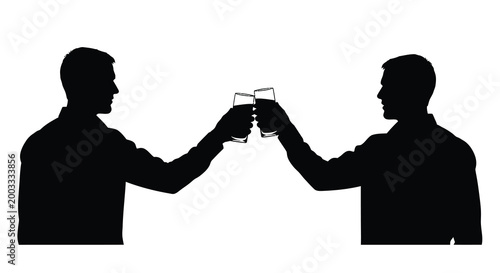 Silhouette of two men toasting with glasses against white background
