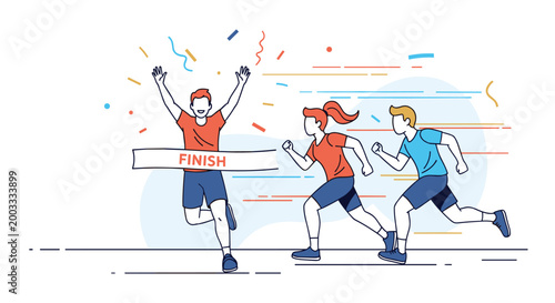 Group of athletes competing in a race with the lead runner crossing the finish line and celebrating his victory.