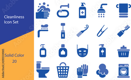 Vector icon set related to cleanliness solid color editable