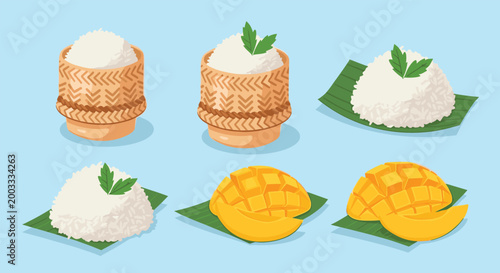 Traditional Thai dessert of mango sticky rice served in bamboo baskets and on banana leaves with fresh fruit slices.