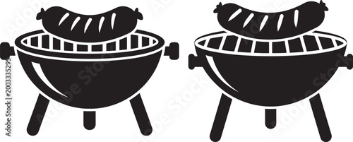 Two barbecue grill icons with sausage vector silhouette