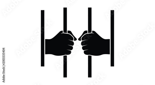 Hands pushing against bars black silhouette on white background